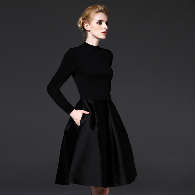 new autumn women dress elegant a line side pockets chic style black one piece dresses 16189