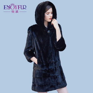 ENJOYFUR Winter Genuine Mink Fur Coats For Women Mink Coat With Fur Hood High Quality Overcoat Real Mink Fur Coat