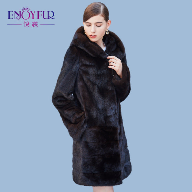 ENJOYFUR Winter Genuine Mink Fur Coats For Women Mink Coat With Fur Hood High Quality Overcoat Real Mink Fur Coat