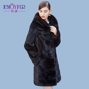 ENJOYFUR Winter Genuine Mink Fur Coats For Women Mink Coat With Fur Hood High Quality Overcoat Real Mink Fur Coat
