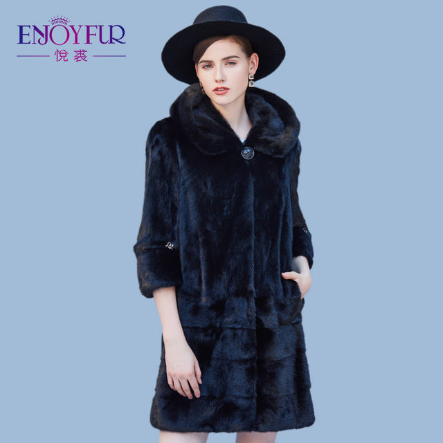 ENJOYFUR Winter Genuine Mink Fur Coats For Women Mink Coat With Fur Hood High Quality Overcoat Real Mink Fur Coat
