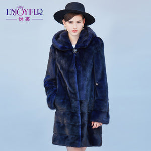 ENJOYFUR Winter Genuine Mink Fur Coats For Women Mink Coat With Fur Hood High Quality Overcoat Real Mink Fur Coat