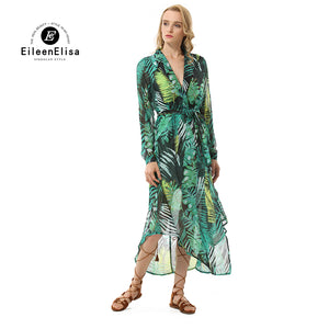 Eileen Elisa Asymmetrical Dress Runway Printed Dresses Long Sleeve Ankle Length Dress Women
