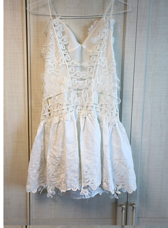Fashion New Summer Women Sexy V-Neck White Luxury Runway Water Soluble flower Lace Embroidery Thin Straps Cut Out dress