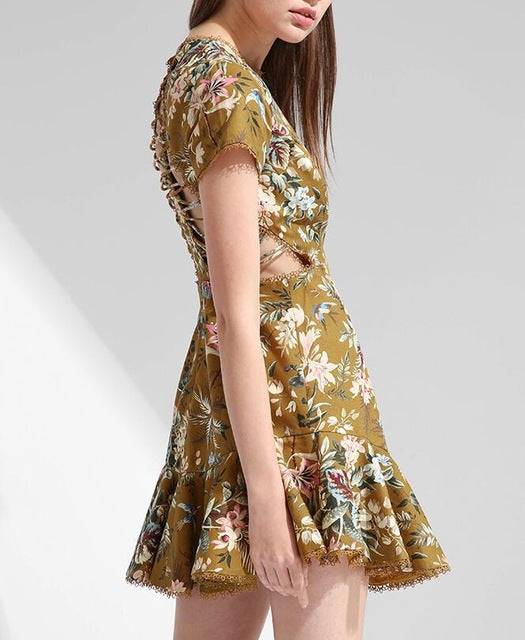 Fashion Luxury Runway Woman Pink Tropical floral print Lattice Dress cutout Crossover straps back lace trims Short Sleeved