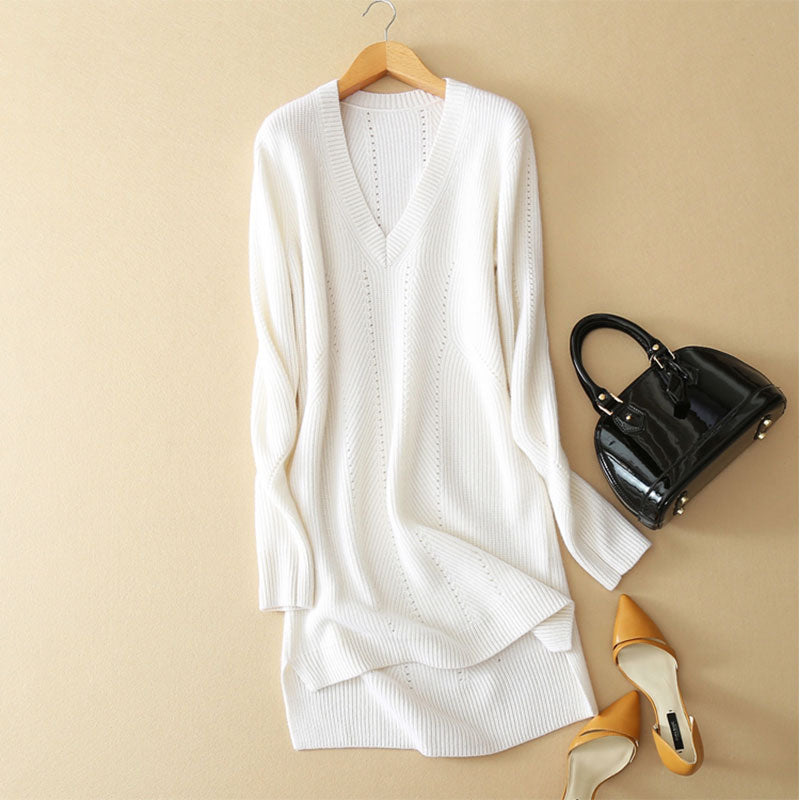 New Style Women Cashmere Half Sweaters For Dresses Sexy Deep V-neck Long Sleeves Hollow Out Decor Women Sweater Dress