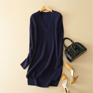New Style Women Cashmere Half Sweaters For Dresses Sexy Deep V-neck Long Sleeves Hollow Out Decor Women Sweater Dress