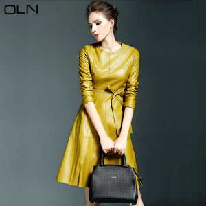 Fashion Yellow Black Pu Leather Dress Women Spring Leather Formal Bow Dresses Outerwear Long Sleeve Ladies Soft PU Dress