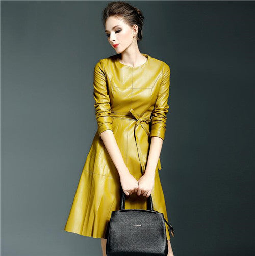 Fashion Yellow Black Pu Leather Dress Women Spring Leather Formal Bow Dresses Outerwear Long Sleeve Ladies Soft PU Dress