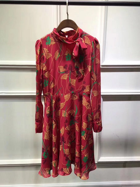 woman ladies printed 100% silk dress with bowtie collar