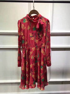 woman ladies printed 100% silk dress with bowtie collar
