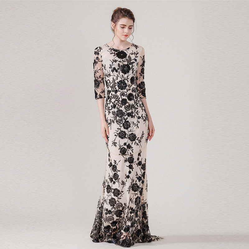 New high quality Vintage Sequined long dress spring and summer women Three Quarter sleeve Mesh embroidered Trumpet/Mermaid dress