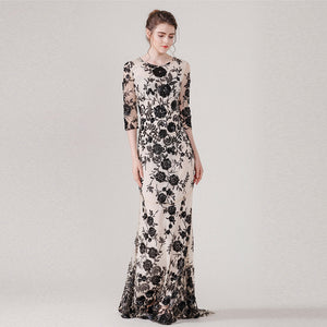 New high quality Vintage Sequined long dress spring and summer women Three Quarter sleeve Mesh embroidered Trumpet/Mermaid dress