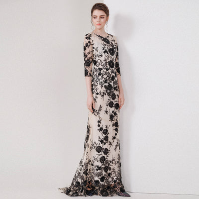 New high quality Vintage Sequined long dress spring and summer women Three Quarter sleeve Mesh embroidered Trumpet/Mermaid dress