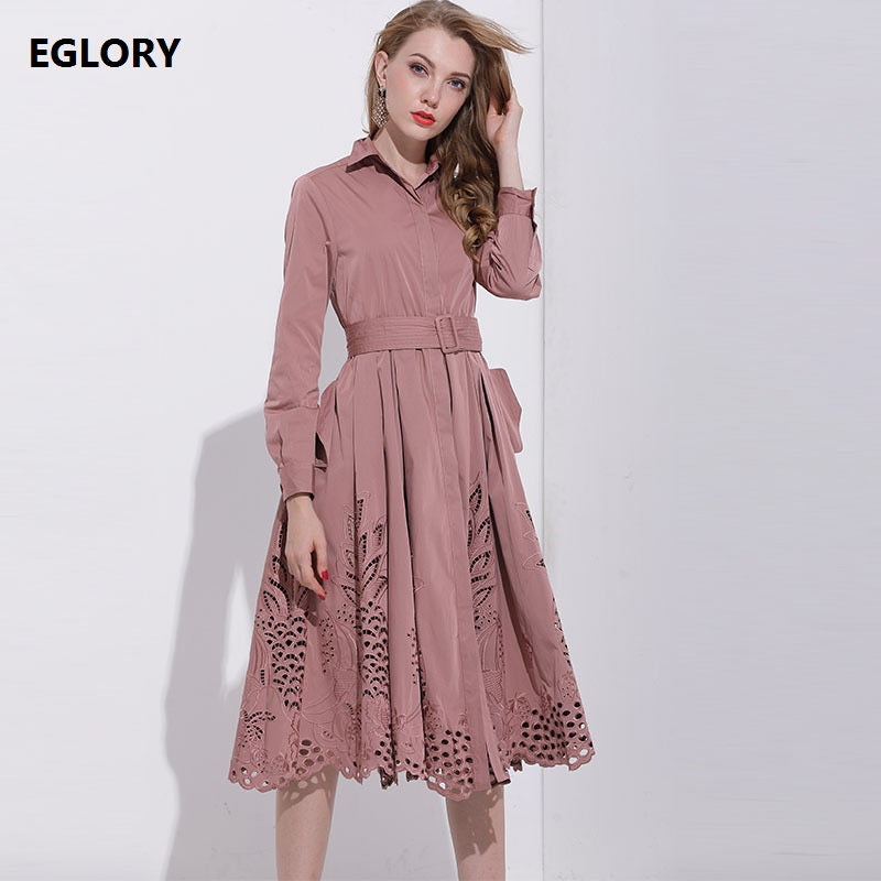 New Brand Fashion Autumn Winter Spring Dress Women Turn-down Collar Hollow Out Embroidery Long Sleeve Plus Size Aline Dress 3XL