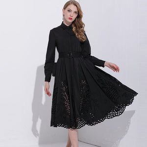 New Brand Fashion Autumn Winter Spring Dress Women Turn-down Collar Hollow Out Embroidery Long Sleeve Plus Size Aline Dress 3XL