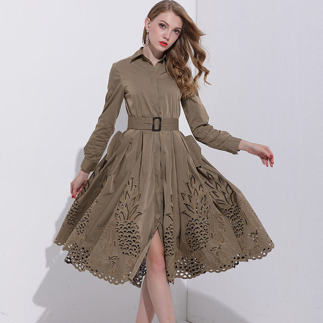 New Brand Fashion Autumn Winter Spring Dress Women Turn-down Collar Hollow Out Embroidery Long Sleeve Plus Size Aline Dress 3XL