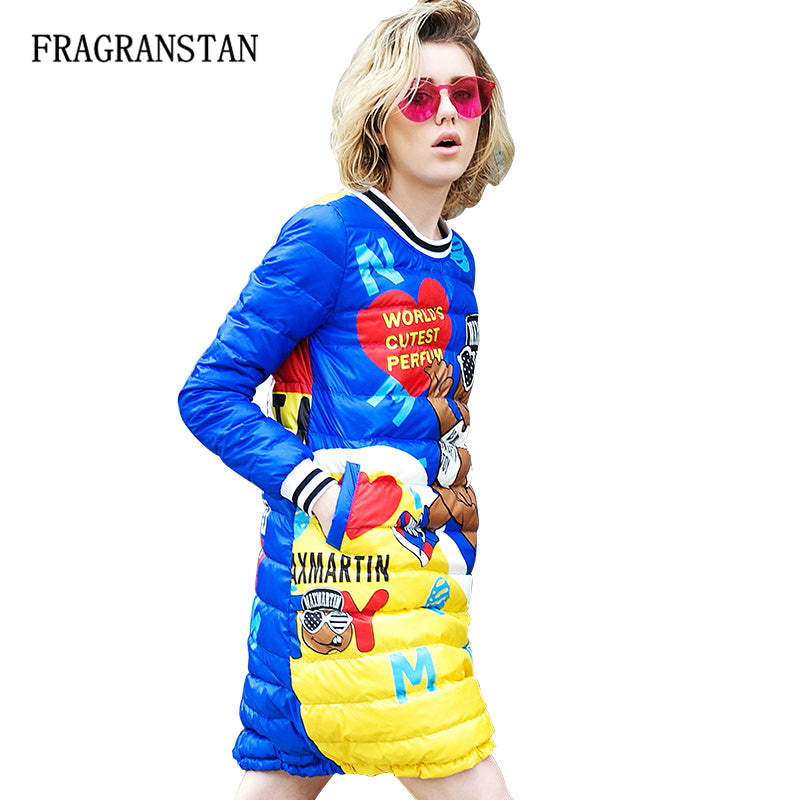 Women Winter New Cartoon printed Down Jacket Waterproof Sweet Dress European Slim Fashion Female O-Neck Warm Thicken Dress LY95