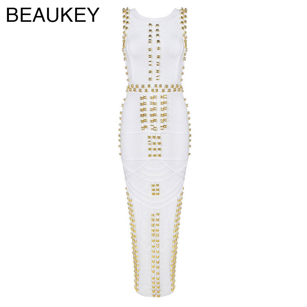 White Black Metal Ring Complex High Quality Kim Kardashian Madi Calf Long Bandage Dress