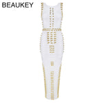 White Black Metal Ring Complex High Quality Kim Kardashian Madi Calf Long Bandage Dress