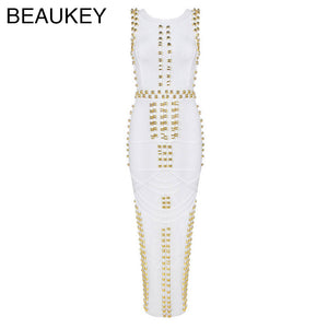 White Black Metal Ring Complex High Quality Kim Kardashian Madi Calf Long Bandage Dress