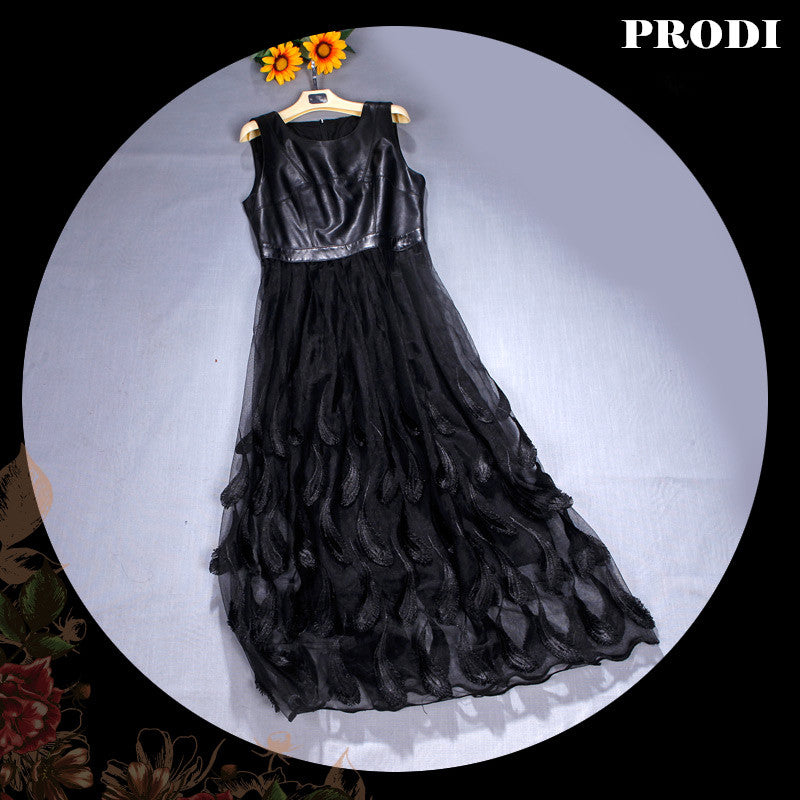 PRODI  spring women genuine leather and lace dress black sheepskin and lace long dress women PR1718