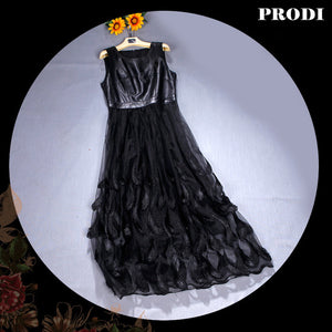 PRODI  spring women genuine leather and lace dress black sheepskin and lace long dress women PR1718