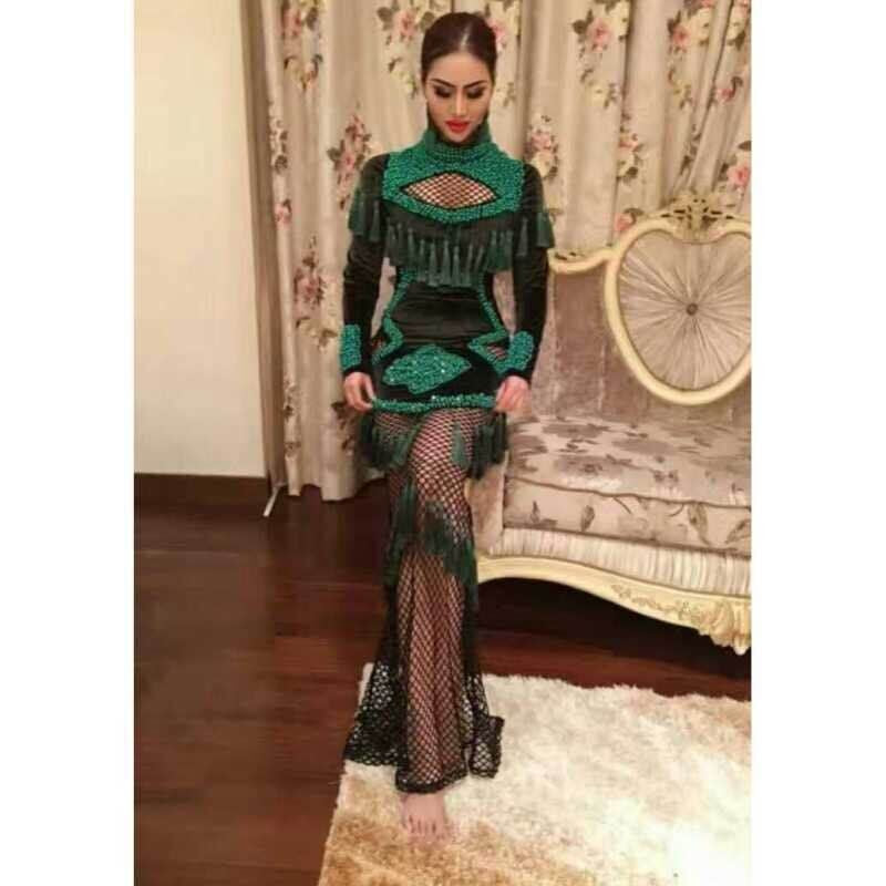 new green black long sleeve luxury manual hand beading mesh hollow out tassel floor-length sexy women Dress wholesale HL