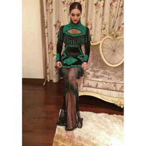 new green black long sleeve luxury manual hand beading mesh hollow out tassel floor-length sexy women Dress wholesale HL