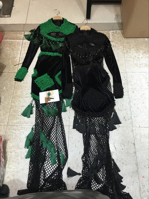 new green black long sleeve luxury manual hand beading mesh hollow out tassel floor-length sexy women Dress wholesale HL