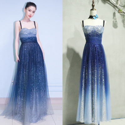 Sky Blue Gradient Spaghetti Straps Mesh Long Women's Dress Blingbling Sequins Crystals Beads Dresses Women