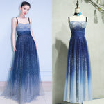 Sky Blue Gradient Spaghetti Straps Mesh Long Women's Dress Blingbling Sequins Crystals Beads Dresses Women
