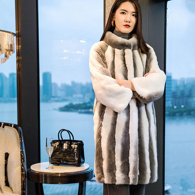 M.Y.FANSTY 2018 Mink Fur Coat Real Natural Fur Coat Winter Crown velvet import Women's O-Neck Striped Medium Loss Mink Fur Coats