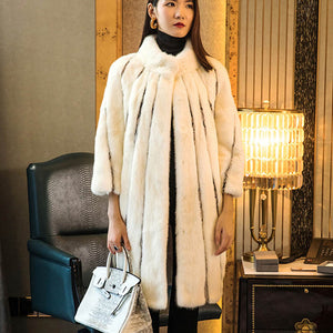 M.Y.FANSTY 2018 Mink Fur Coat Real Natural Fur Coat Winter Crown velvet import Women's O-Neck Striped Medium Loss Mink Fur Coats
