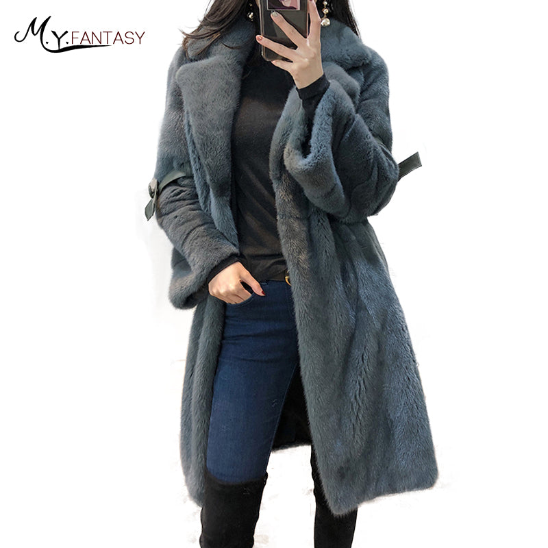 M.Y.FANSTY 2018 Winter Turn-Down Collar Medium Mink Fur Coat Women's V-Neck Long Flare Belt Sleeve Import Velvet Slim Mink Coats