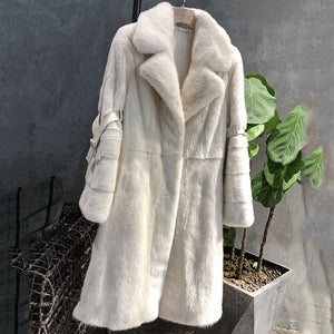 M.Y.FANSTY 2018 Winter Turn-Down Collar Medium Mink Fur Coat Women's V-Neck Long Flare Belt Sleeve Import Velvet Slim Mink Coats