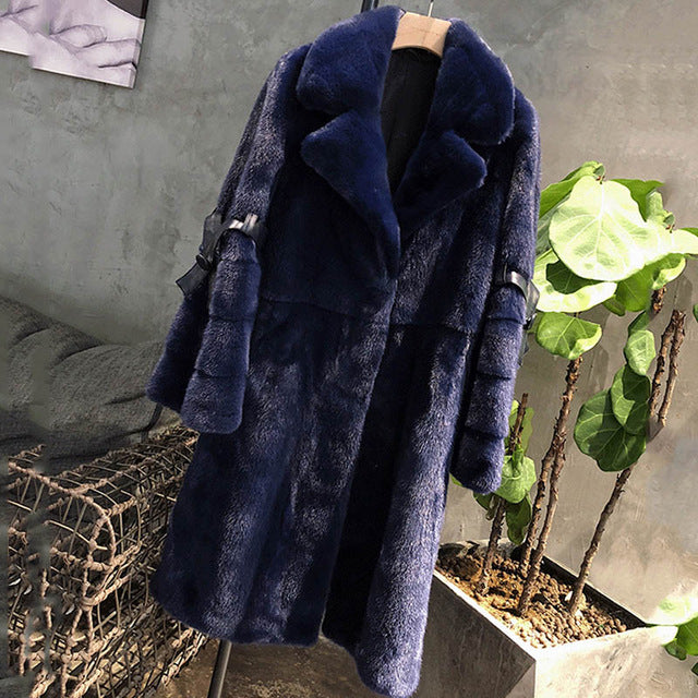 M.Y.FANSTY 2018 Winter Turn-Down Collar Medium Mink Fur Coat Women's V-Neck Long Flare Belt Sleeve Import Velvet Slim Mink Coats