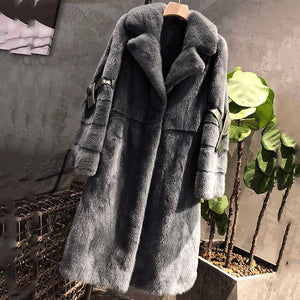 M.Y.FANSTY 2018 Winter Turn-Down Collar Medium Mink Fur Coat Women's V-Neck Long Flare Belt Sleeve Import Velvet Slim Mink Coats
