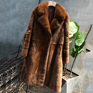 M.Y.FANSTY 2018 Winter Turn-Down Collar Medium Mink Fur Coat Women's V-Neck Long Flare Belt Sleeve Import Velvet Slim Mink Coats