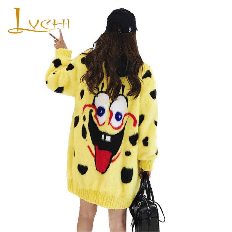 LVCHI Winter 2017 Yellow V-Neck Real Mink Fur Coats Sponge Baby Cartoon Pattern Coat Women's Zippers Medium Causal Mink Coats
