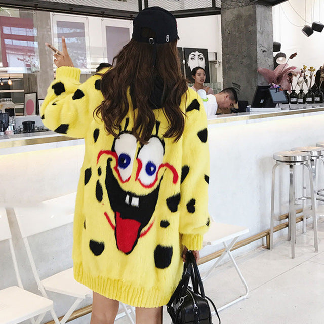 LVCHI Winter 2017 Yellow V-Neck Real Mink Fur Coats Sponge Baby Cartoon Pattern Coat Women's Zippers Medium Causal Mink Coats