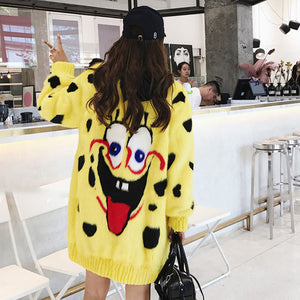 LVCHI Winter 2017 Yellow V-Neck Real Mink Fur Coats Sponge Baby Cartoon Pattern Coat Women's Zippers Medium Causal Mink Coats