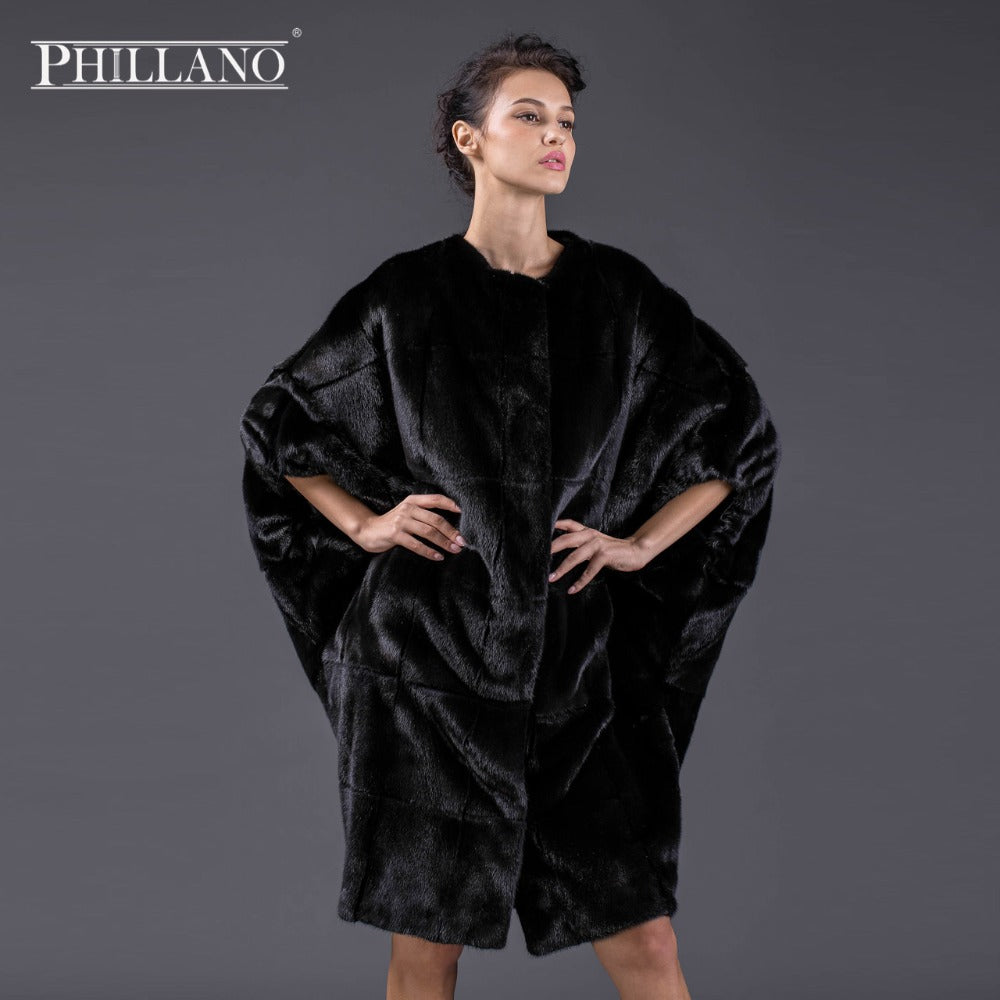 PHILLANO  New Premium Women mink garment natural fur Batwing sleeve fur  coat of mink Scandinavia Denmark NAFA YG13092-100