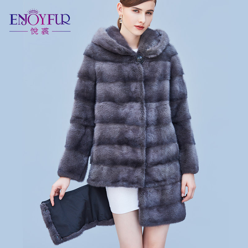 ENJOYFUR Women's Genuine Mink Fur Coats Real Fur Coat With Hood For Winter High-grade Mink Fur Coat With Detachable Sleeves