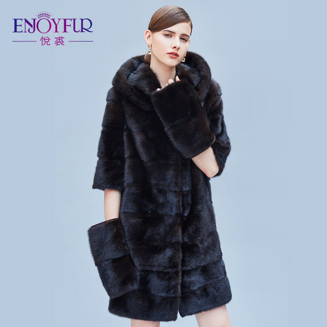 ENJOYFUR Women's Genuine Mink Fur Coats Real Fur Coat With Hood For Winter High-grade Mink Fur Coat With Detachable Sleeves