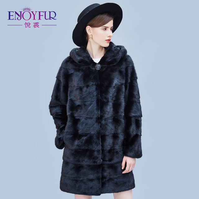 ENJOYFUR Women's Genuine Mink Fur Coats Real Fur Coat With Hood For Winter High-grade Mink Fur Coat With Detachable Sleeves