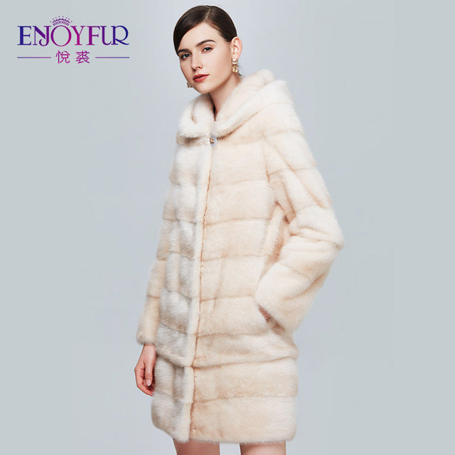 ENJOYFUR Women's Genuine Mink Fur Coats Real Fur Coat With Hood For Winter High-grade Mink Fur Coat With Detachable Sleeves
