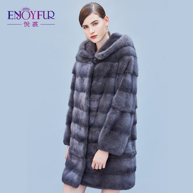ENJOYFUR Women's Genuine Mink Fur Coats Real Fur Coat With Hood For Winter High-grade Mink Fur Coat With Detachable Sleeves
