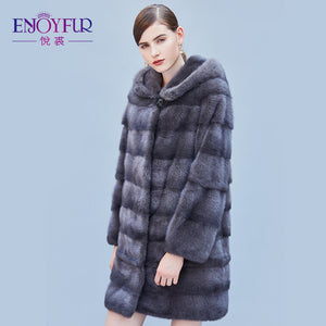 ENJOYFUR Women's Genuine Mink Fur Coats Real Fur Coat With Hood For Winter High-grade Mink Fur Coat With Detachable Sleeves