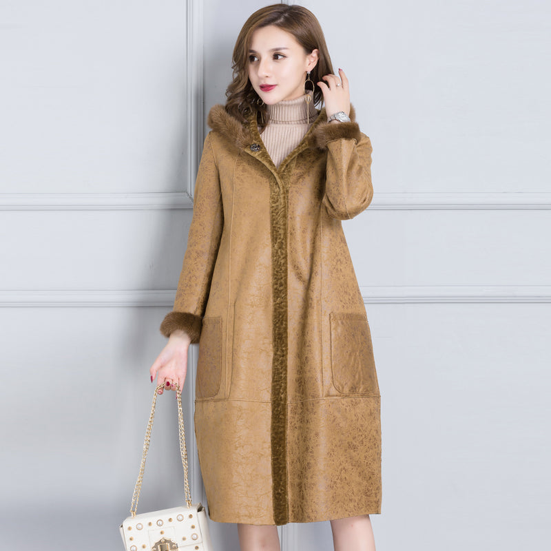 Real fur coat women winter thick warm fur jacket natural mink fur trim hood composite PU layer outside 2-way wearing 0912I